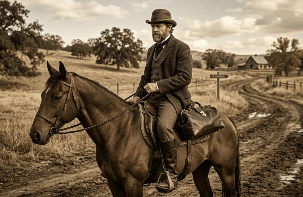 Man in 19th-century clothing riding a horse on a dirt path with a leather bag