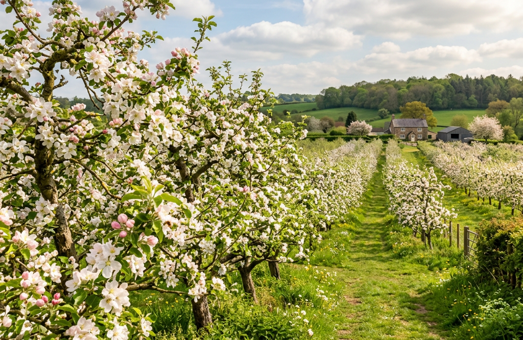 Blooming apple orchard with a path, fields, and farmhouse under cloudy blue skies